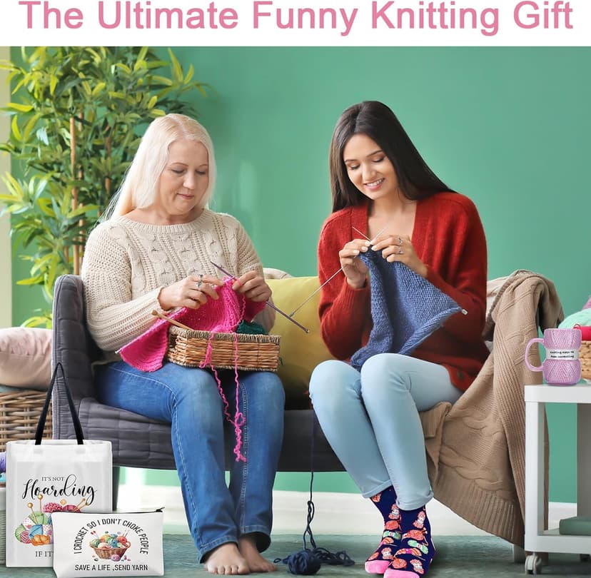 7 Pcs Crochet Knitter Gift Set Humorous Novelty Crochet Mug Mini Hooks Keychain Knitting Loop Ring Makeup Bag Handbag Sock for Women Christmas Beginner Lovers Gifts