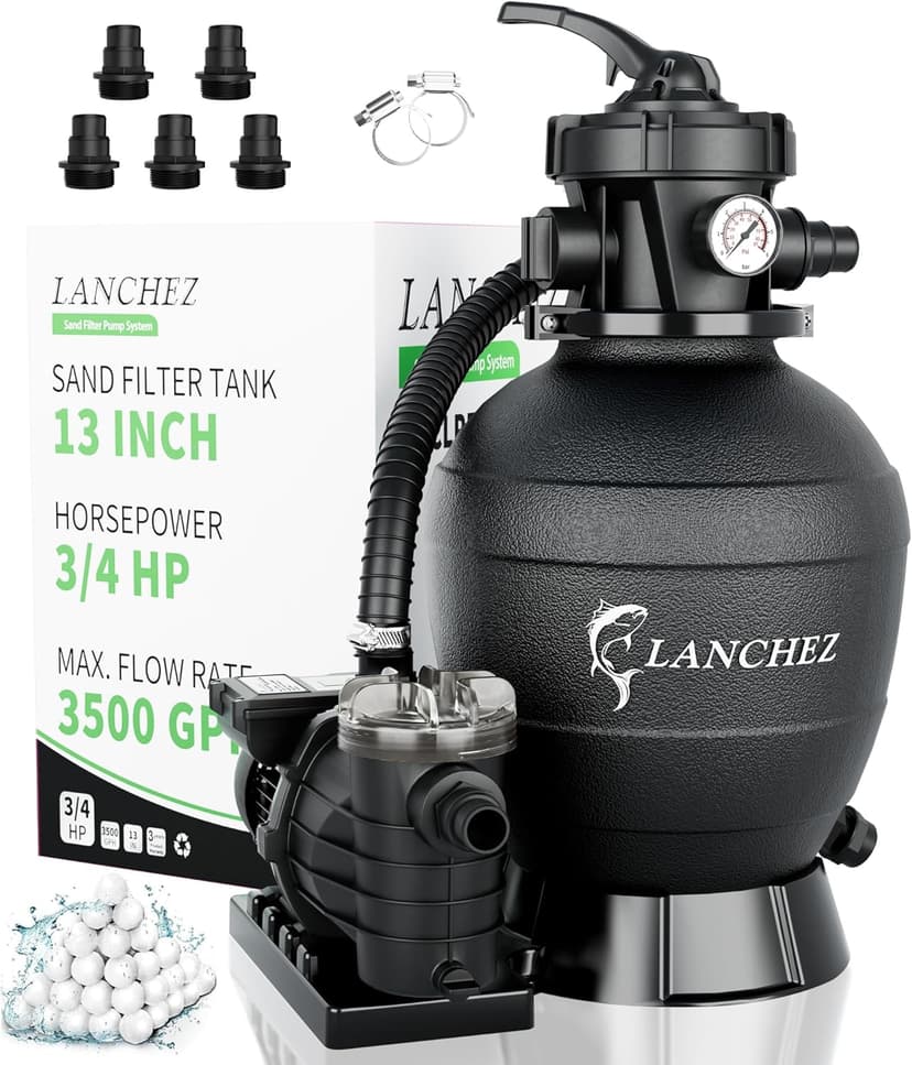 LANCHEZ 13in Sand Filter Pump for Above Ground Pool, 3/4 HP Pool Pumps Above Ground 3500 GPH for Pools up to 11000 GAL, Pool Sand Filter with 7-Way Valve