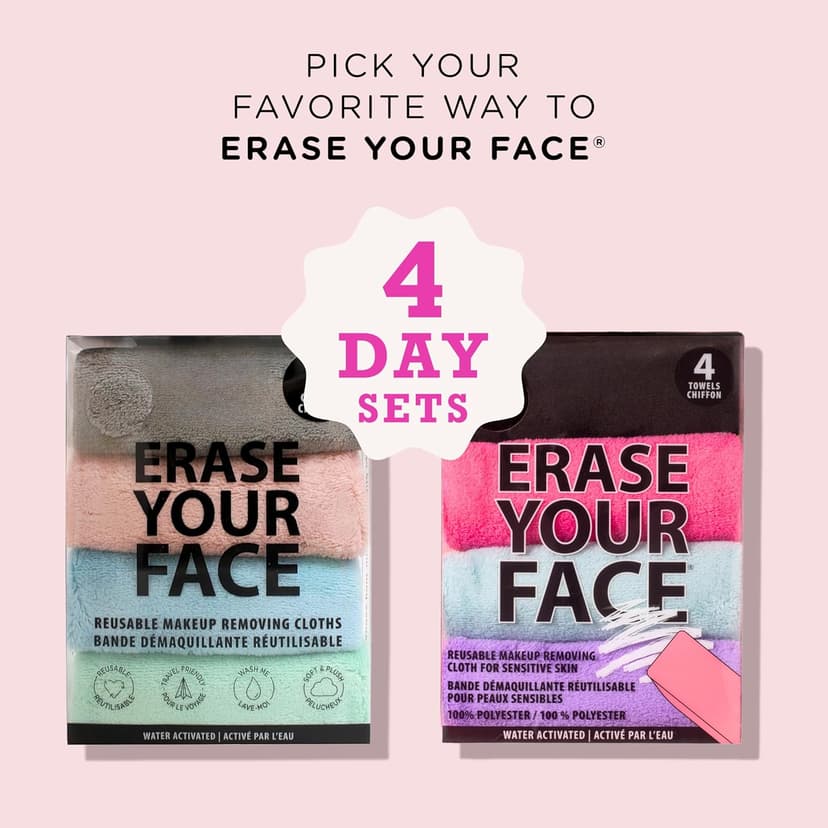 ERASE YOUR FACE Reusable Makeup Remover Cloths - Microfiber Face Towels to Cleanse & Remove Makeup - Water Activated for Sensitive Skin - Multi-Color (4 Count)