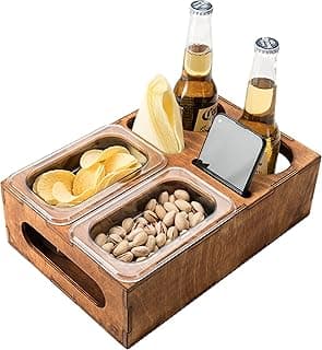Wood Beer Box - Gift for Beer Lovers, Dad, Man, Him, Boyfriend- Drink Box Snacks Tray- Table Stand Caddy with slots for glasses, chips, nuts- Couch Organizer for Beverages, Remote Control, Phone stand