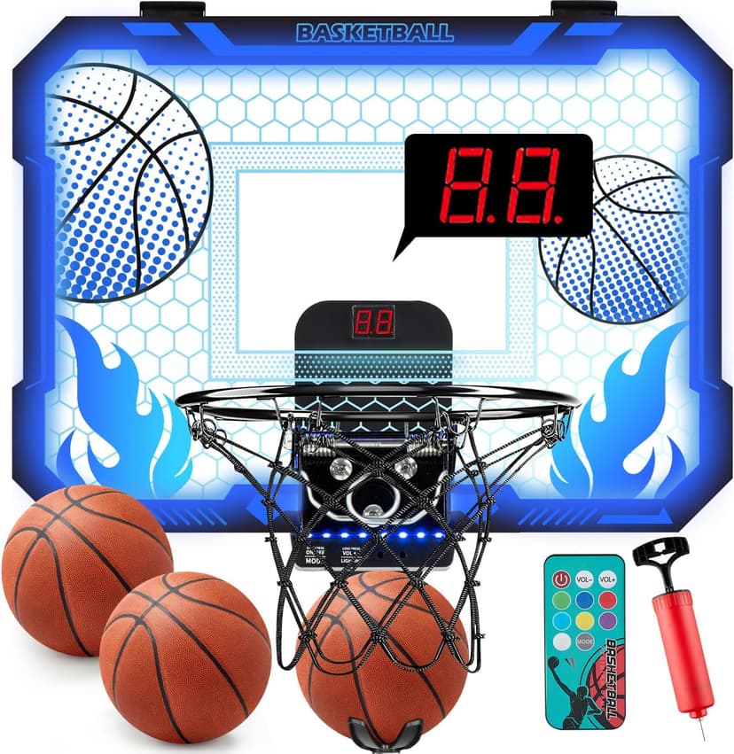 VROGTIK Indoor Basketball Hoop for Kids with Led Lights Mini Basketball Hoop with Remote Control Over The Door Basketball Hoops with Scoreboard Basketball Toys for 4-12 Year Old Boys Girls