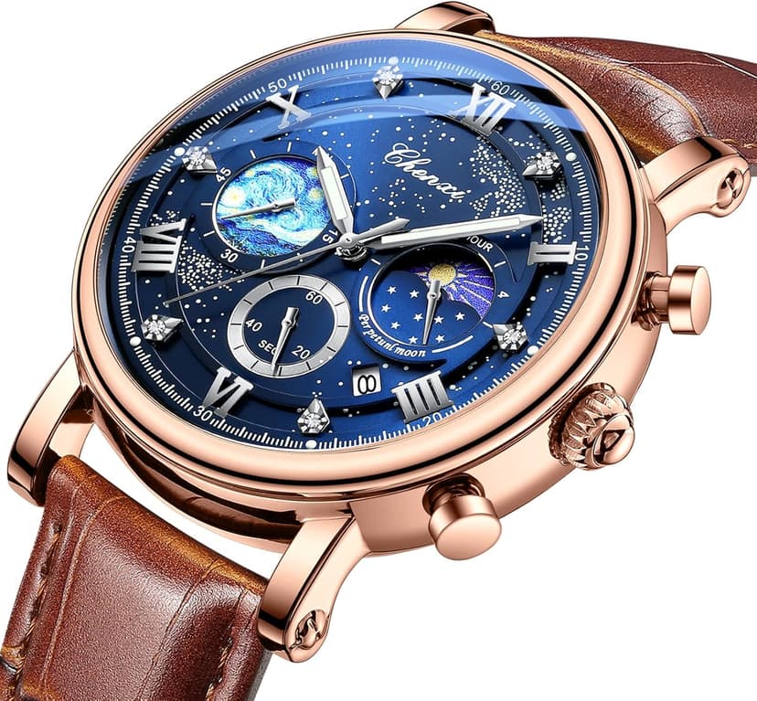 FANMIS Men's Classic Multifunctional Military Sports Analog Watch Business Dress Waterproof Luminous Chronograph Starry Sky Moon Phase Leather Wristwatch