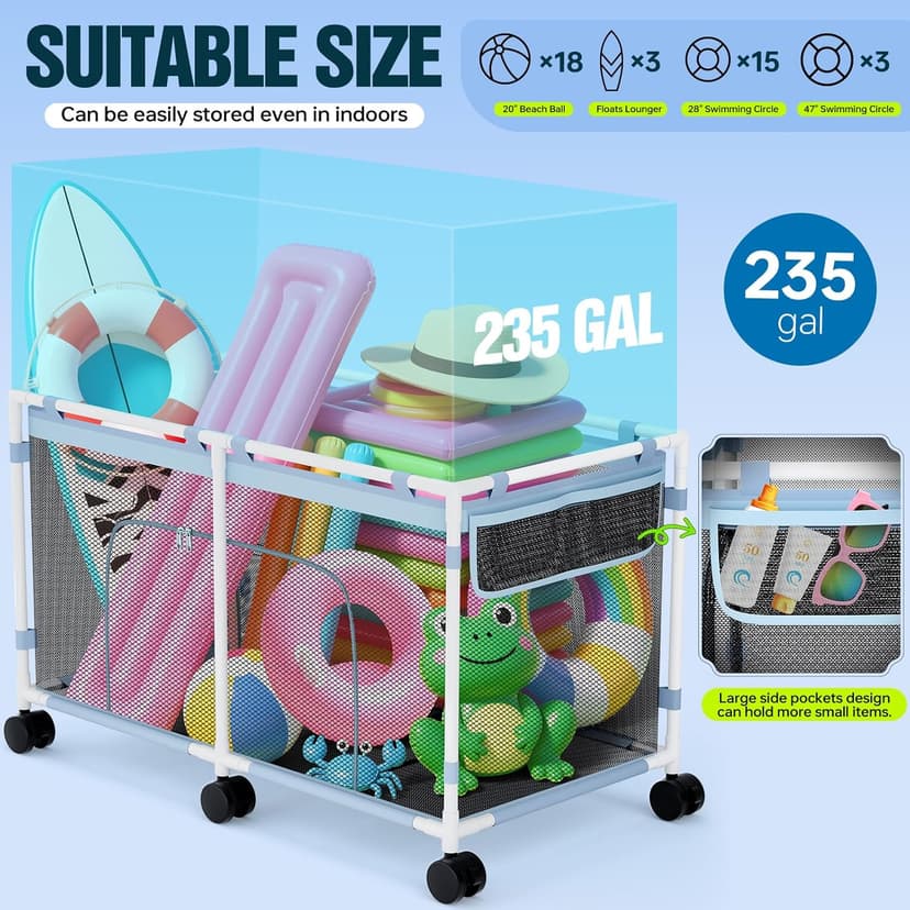Pool Float Storage - Outdoor Pool Toy Storage Organizer for Pool Noodles, Toys, Floats, Beach Balls, and Equipment, Above Ground Pool Accessories, Rolling Outdoor Pool Storage Bin with Zipper Design