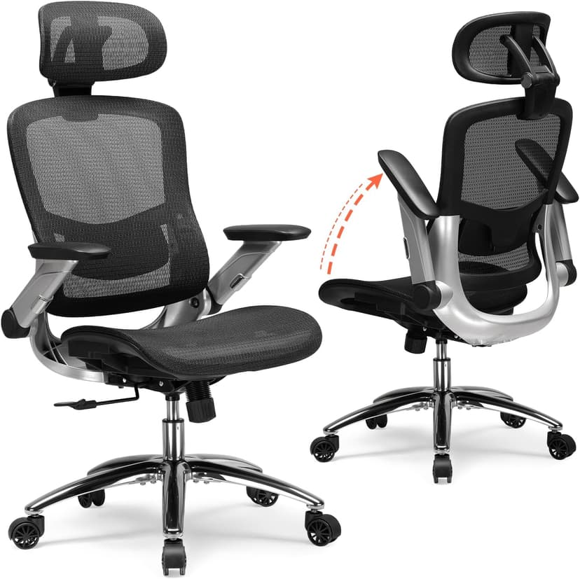 GTPLAYER Big and Tall Ergonomic Mesh Office Chair, High Back Home Desk Chair Computer Gaming Chair with Headrest, Flip-Up Arms, 90-125° Tilt Lock and Wide Cushion, Task Chair for Man Woman-Deep Black