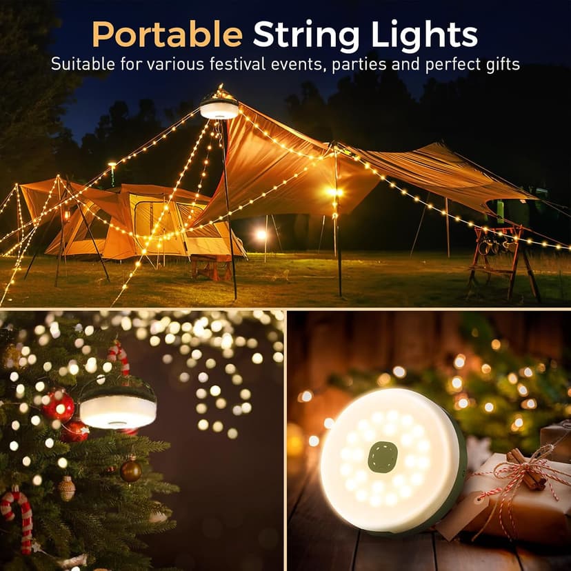Quick Storage Rechargeable Tent Light,Waterproof Hanging LED Design for Awning Patio Indoor Outdoor Decor Camping Essentials Camping String Lights, 32.8FT Rechargeable with Storage Reel, 8 Modes B0F3HZZNNP