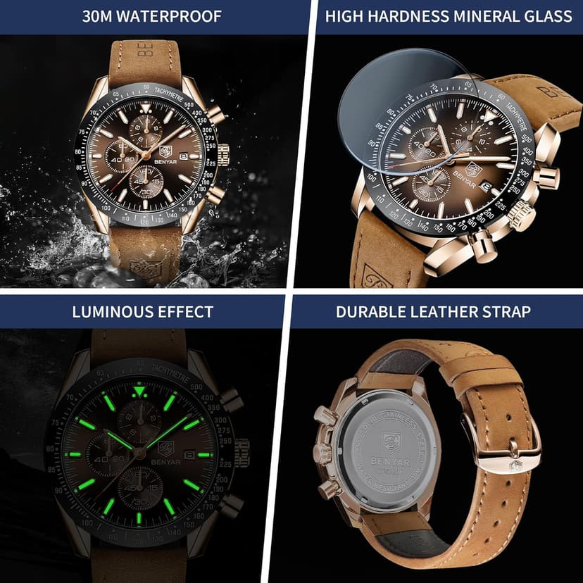 BENYAR Mens Watches Quartz Analog Chronograph Waterproof Wrist Watches for Men Fashion Business Work Casual Sport Dress Watch with Calendar