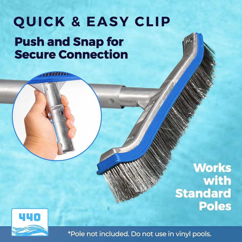 440 Heavy Duty Pool Brush - 18-inch Extra-Wide Metal Brush Head with Stainless Steel Wire Bristles & Curved Edges for Cleaning Pool Tiles, Walls, Floor, Steps (Stainless Steel)