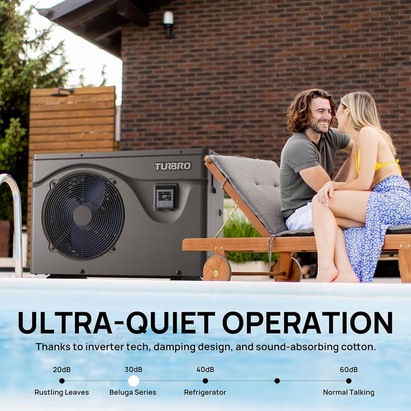 TURBRO 50,000 BTU Inverter Swimming Pool Heat Pump, Electric Pool Heater for in and Above-Ground Pools up to 16,000 Gallons, WiFi Enabled, Timer, 15.90 COP, 220-240 V, IPX4-Waterproof, Beluga Series