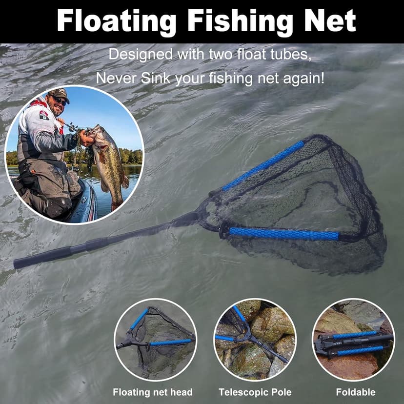 PLUSINNO Fishing Net Fish Floating Landing Net, Kayak Nets with Fixed Foldable Telescopic Pole Handle, Bass Trout Fishing Nets with Nylon Mesh for Pond Lake River, Fishing Gear Gifts for Men