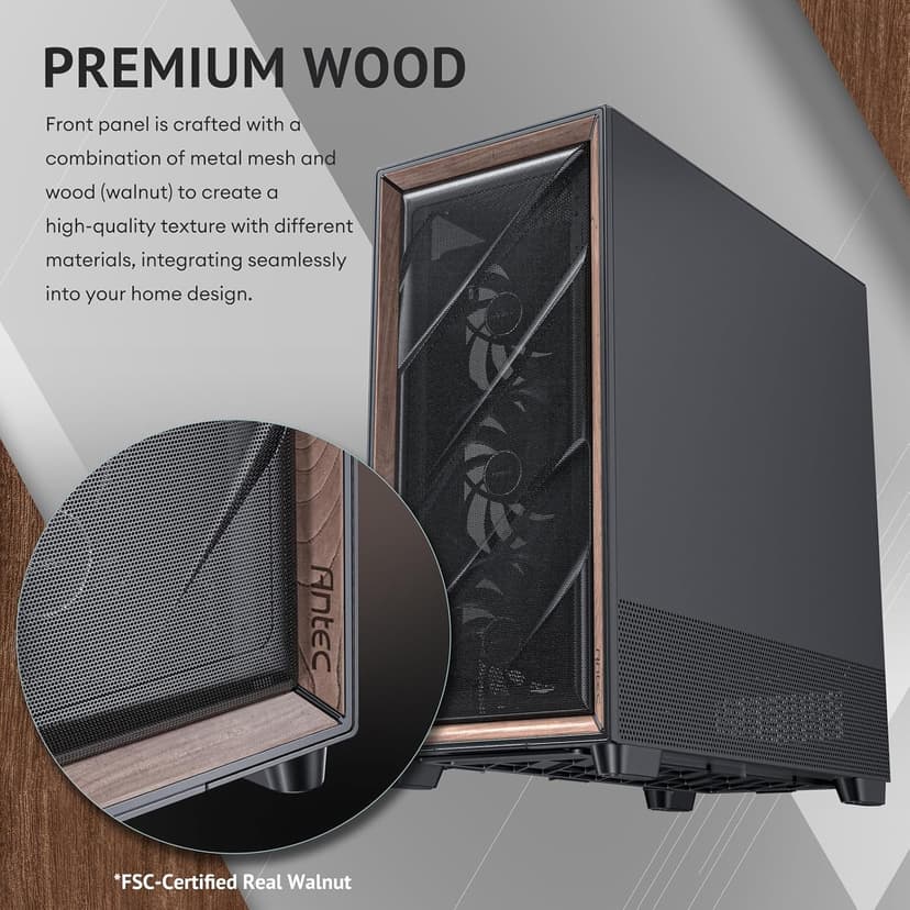 Antec Flux Pro, 6 x PWM Fans Included, High-Airflow Front Panel with Walnut Wood, iShift PSU 90° Mount, USB3.0 x 2, Type-C, 420mm Radiator Support, Temp. Display, Full-Tower E-ATX PC Case