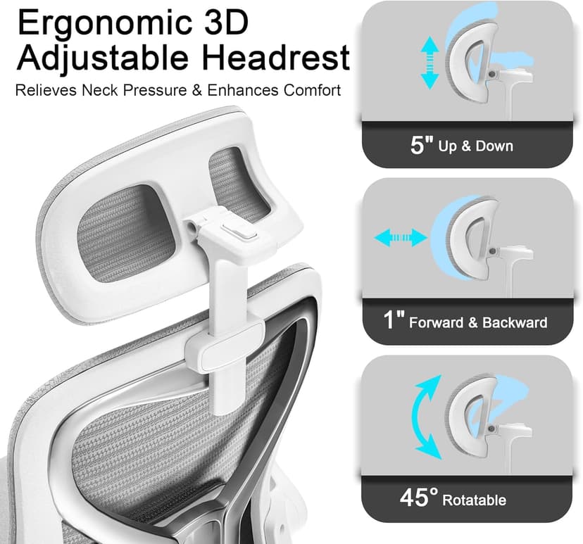 Ergonomic Office Chair for Back & Neck Pain Relief, Virgin Foam Seat, 2D Adjustable Lumbar & 3D Headrest, Tilt & Rock for Relaxation, Ideal for Long Sitting Comfort, Gray/Silver