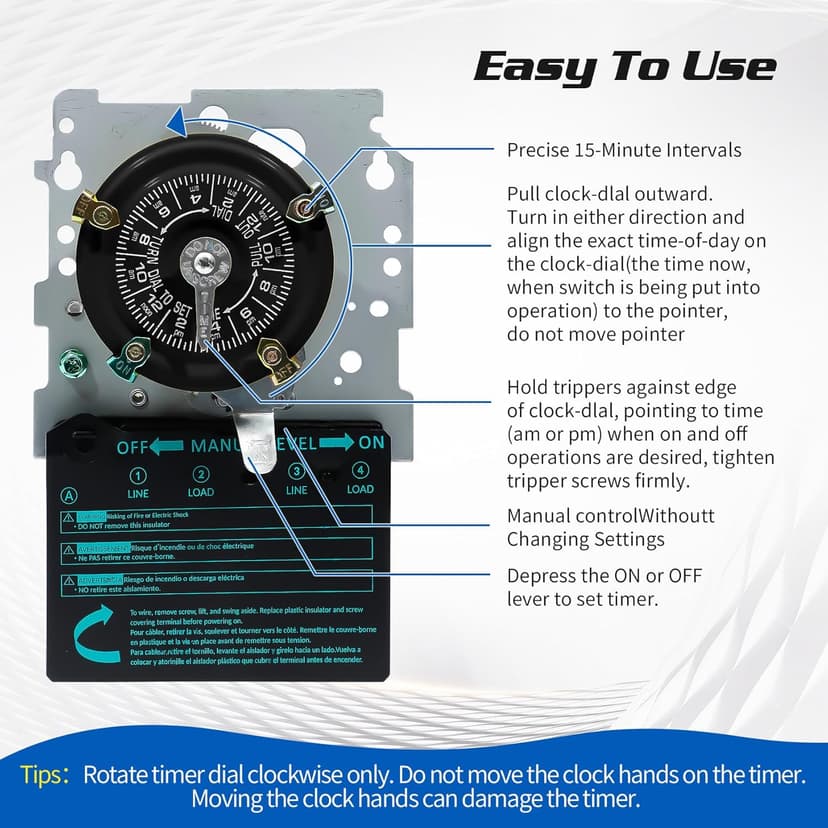 T104M Mechanical Time Switch Mechanism Only, 208-277 VAC DPST 5HP 40A Time Switch, Heavy Duty Electromechanical Timer, 24 Hour 12 ON/Off for Pool Pump HVAC Fans Water Heater Lights