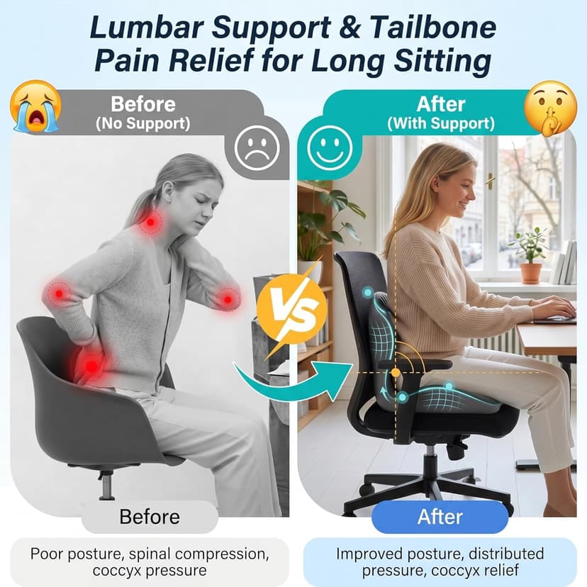 Ergonomic Office Chair Seat Cushion, L-Shaped Memory Foam Coccyx Cushion for Tailbone Pain Relief, Orthopedic Car Seat Cushion with Lumbar Support & Cutout Hollow for Sciatica & Back Pain (Grey