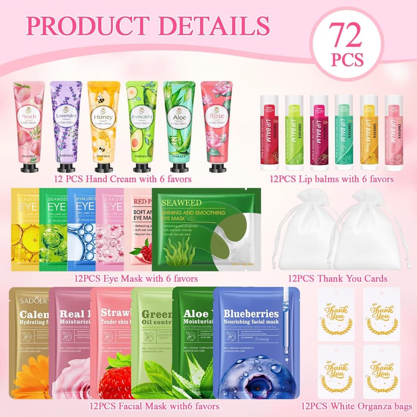 72 Pcs Bulk Gifts For Women, Bulk Facial Mask, Lip Balms, Hand Creams & Under Eye Patches, Spa Party Supplies,Party Favors For Bridal Wedding, Baby Shower,Sleepover Party, Christmas Stocking Stuffers B0FKH49Y6H