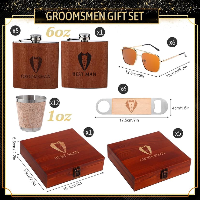 Complete Proposal Gift Set, Box, Flasks, Sunglasses, Funnel, Bottle Opener, Wooden Cups, Bachelor Party Favor 42 Pcs Groomsmen Gifts Set of 6 Wedding Best Man Gift, Brown B0G6ZNR6MC