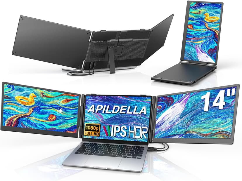 APILDELLA 14'' Triple Laptop Screen Extender, 1080P FHD Laptop Extended, Ultra-Thin Portable Monitor for Laptop, Plug-Play Dual Monitor for 13-17.3'' Laptops, Work with Mac, Windows, Chrome