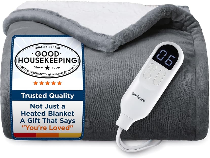 Bedsure Heated Blanket Throw Blanket - Fast Heating Electric Blanket, GentleSoft Flannel Heated Throw with 4 Time Settings, 6 Heating Settings, Warm Gifts for Grandma (50x60 inches, Grey)