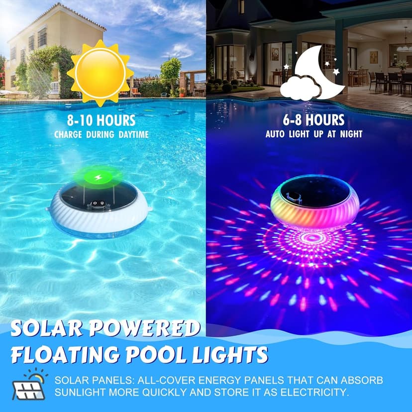 Floating Pool Lights Solar Powered, 7.6 Inch RGB Upper& Lower Color Changing Solar Pool Lights that Float with Dynamic Lighting Effects, IP68 Waterproof Swimming Pools Light for Party Decor(2)