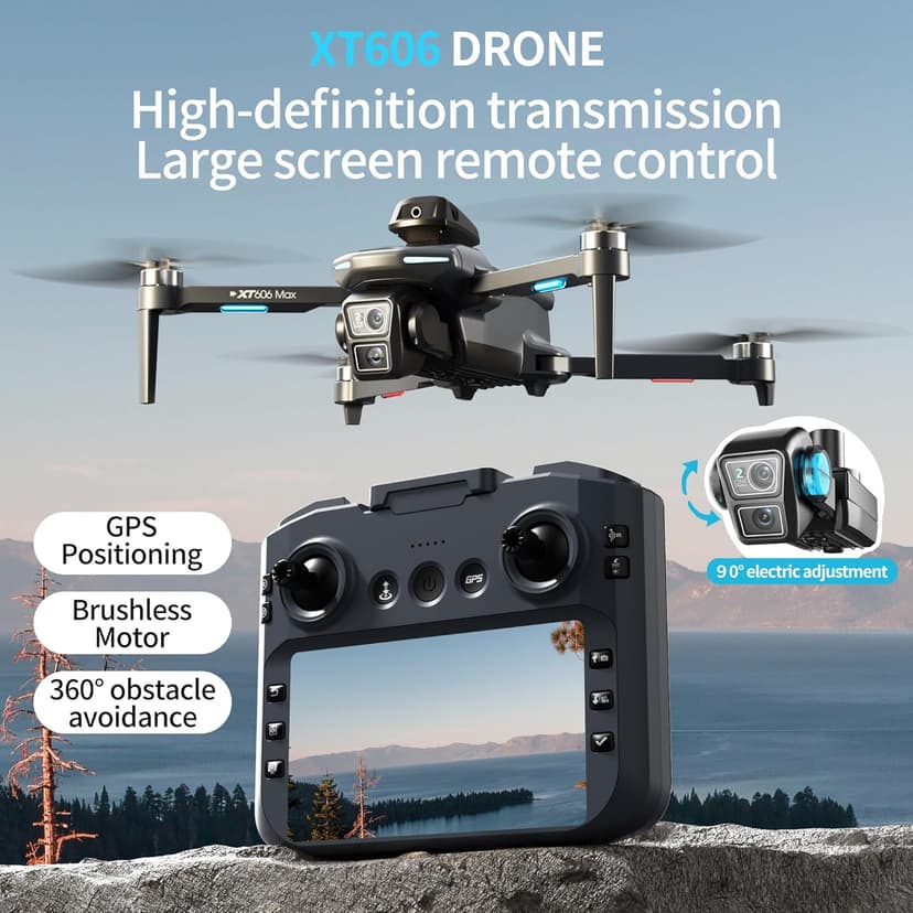 GPS Drone with HD Dual Camera, Brushless Motor & 5 Inch Screen Remote, EIS Anti-Shake Gimbal, Obstacle Avoidance & Optical Flow Positioning, under 250g Lightweight XT606 FPV Drone for Beginners Adults
