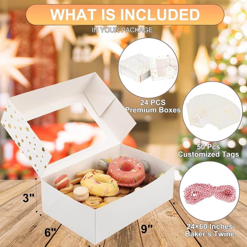 Zzrywuty 24 PCS Christmas Cookie Boxes for Gift Giving Golden Star White Bakery Boxes with Window,Christmas Treat Boxes for Pastry Dessert Cupcakes Mini Cake Pie Candy Donut,Baking Goods Packing Box