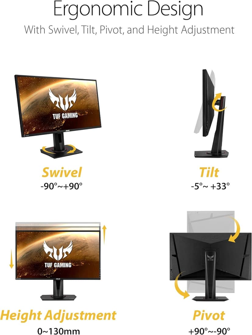 ASUS TUF Gaming 27" 2K HDR Gaming Monitor (VG27AQ) - QHD (2560 x 1440), 165Hz (Supports 144Hz), 1ms, Extreme Low Motion Blur, Speaker, G-SYNC Compatible, VESA Mountable, DisplayPort, HDMI,Black