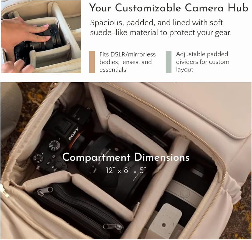 Ruby Camera Backpack – Sleek, Durable Vegan Leather Bag with Gear Dividers, Laptop Compartment, and Side Access for Cameras & Gear, Brown