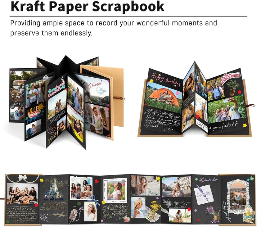 Stretchable Folding Mini Scrapbook, Hardcover Accordion Scrapbook, Small Black Photo Album, Adventure Book, Travel Scrapbook Small Scrapbook Album with DIY Accessories Kit, 6 x 8 Inch, 34 Pages B0D3DDGXJ6