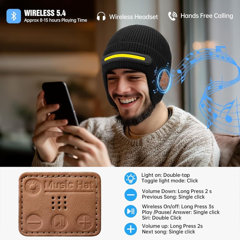 Bluetooth Beanie with Light, Headlamp Hat with Headphones and Built-in Speaker Mic, Unique Christmas Gifts for Men Husband