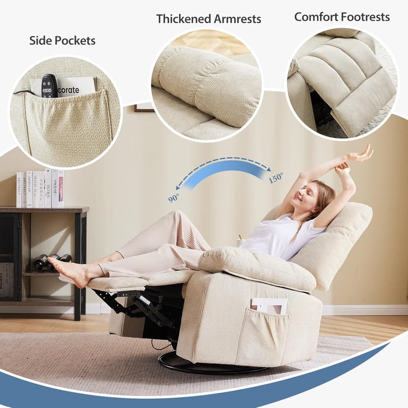Recliner Chair, Durable & Tear-Resistant Massage Chair with Heating, Premium Chenille Fabric Massage Recliner Supports up to 380 LBS for Living Room, Bedroom, Beige