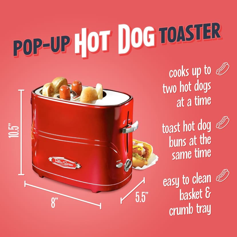 Nostalgia HDT600RETRORED Retro Pop-Up 2 Hot Dog & Bun Toaster, with Mini Tongs, Works with Chicken, Turkey, Veggie Links, sausages & Brats B005Q8X6IO