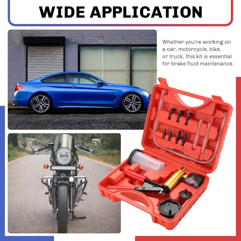 weyleity 2-in-1 Brake Bleeder & Vacuum Pump Kit | Essential for Brake & Clutch Maintenance, Handheld Vacuum Brake Bleeder Pump with Pressure Gauge, Adapters, and Case (Red)
