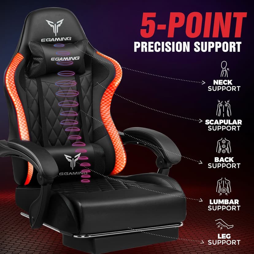 EXRACING Gaming Chair with Footrest Ergonomic High-Back PU Leather Computer Chair with RGB LED Lights Linkage Armrests Lumbar Support and Headrest 150°Reclining Diamond Quilted Office Chair for Adults