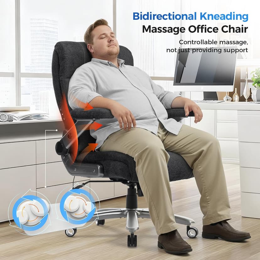 600LBS Big and Tall Massage Office Chair, Extra Wide Seat - 3D Kneading Massage & Heat Office Chair with Heavy Duty Metal Base, 3D Flip Arms, Fabric Ergonomic with Thick Spring Cushion