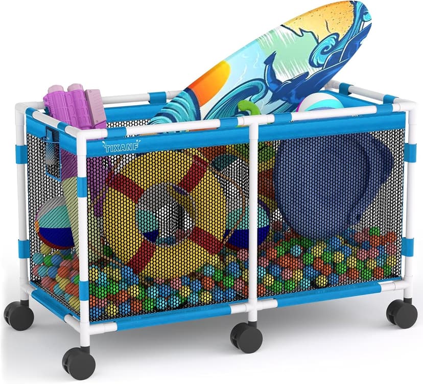 Pool Storage Bin - 235 Gallon 69" L Extra Large Pool Float Storage Organizer with Heavy Duty Tear & Sunlight Resistant Nylon Mesh, 360° Rolling Pool cart for Noodles,Toys,Floats,Balls