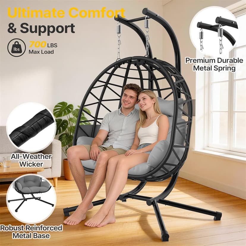 Suteck Double Hanging Egg Chair with Stand, Outdoor Indoor 2 Person Wicker Egg Swing Chair with Cushion, 700lbs Capacity for Patio, Bedroom, Garden - Black