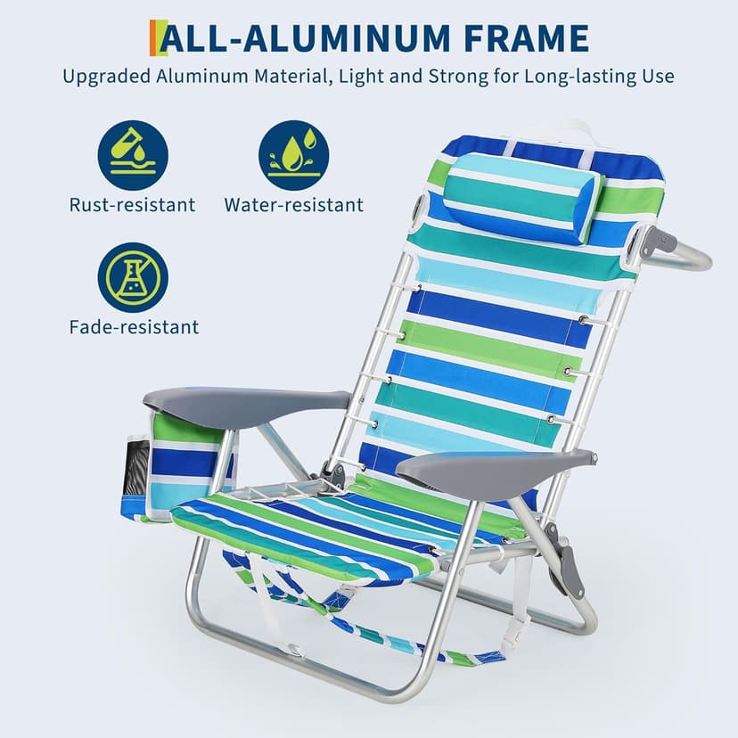 GarveeLife Backpack Beach Chair for Adults 2 Pack, Lightweight Portable Lay Flat Folding Beach Chair with 5 Positions, Backpack Straps, Phone Pocket, Cup Holder & Towel Bar, Support to 350LBS