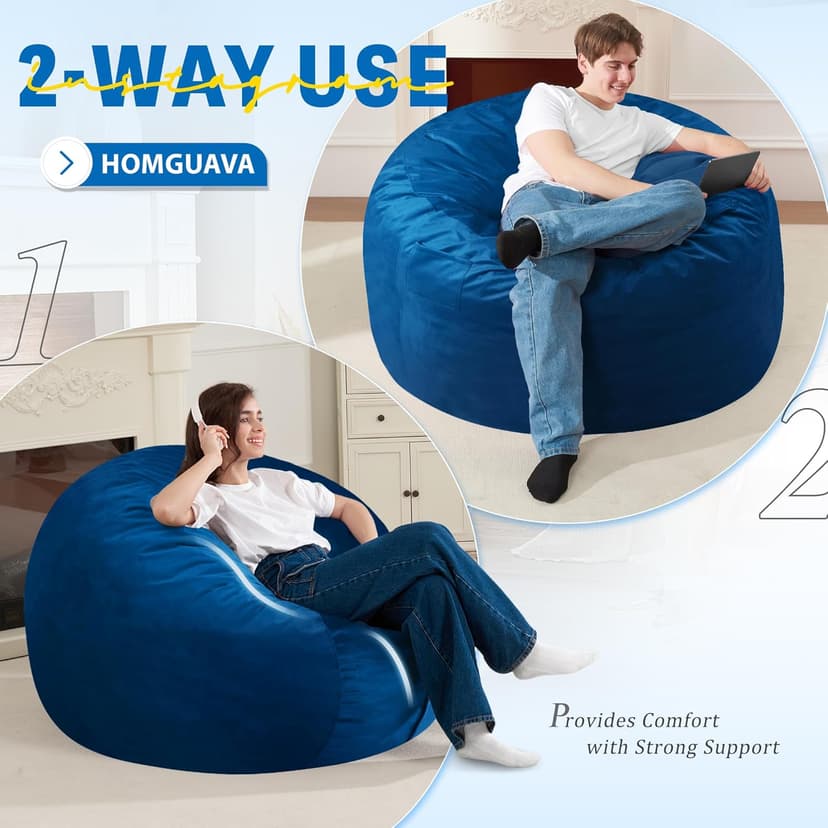 Homguava 3FT Bean Bag Chair: 3' Bean Bags with Memory Foam Filled, Large Beanbag Chairs Soft Sofa with Dutch Velvet Cover-Blue