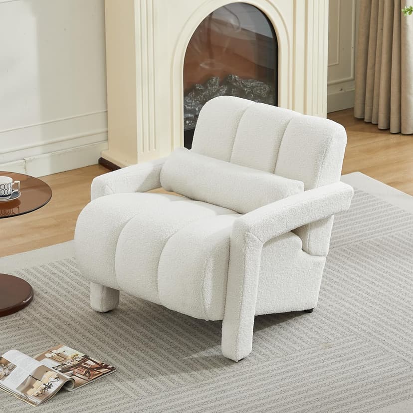 LOULENS Lambswool Accent Chair, Modern Upholstered Sherpa Accent Chair, Comfy Teddy Single Armchair with Pillow for Living Room, Bedroom (Beige, Backrest Under The Cushion)