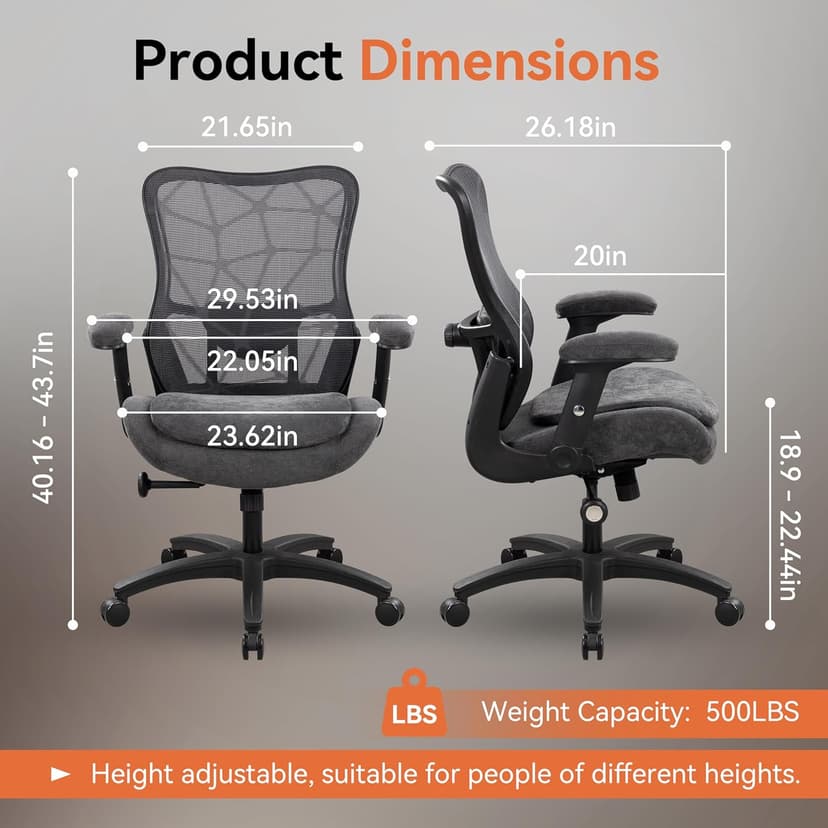 Office Chair 500lbs Big and Tall Ergonomic Mesh Desk Chair Heavy Duty with 24" Extra Wide Seat Adjustable Lumbar Support & Flip-Up Arms for Large Body Types (Dark Gray)