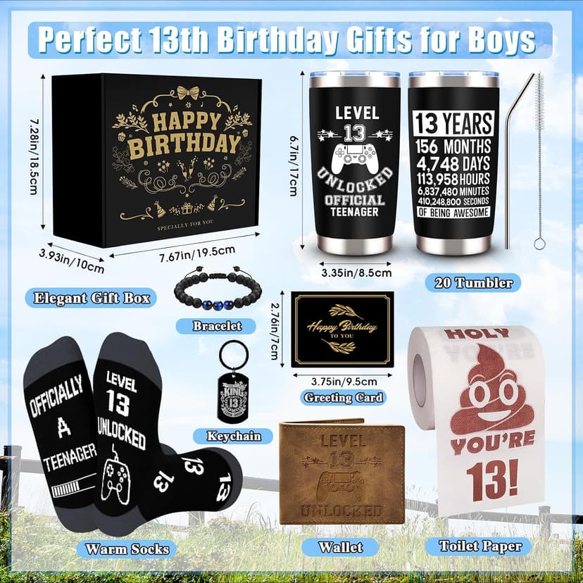 JTAMOHI 8 Pcs Happy 13th Birthday Gifts for Boys, 13 Year Old Boy Birthday Gifts Ideas with 20 Oz Tumbler, Funny Socks, Toilet Paper, Teen Wallet, Bracelet, Keychain for Son, Nephew, Grandson, Brother B0DSPNCMLB