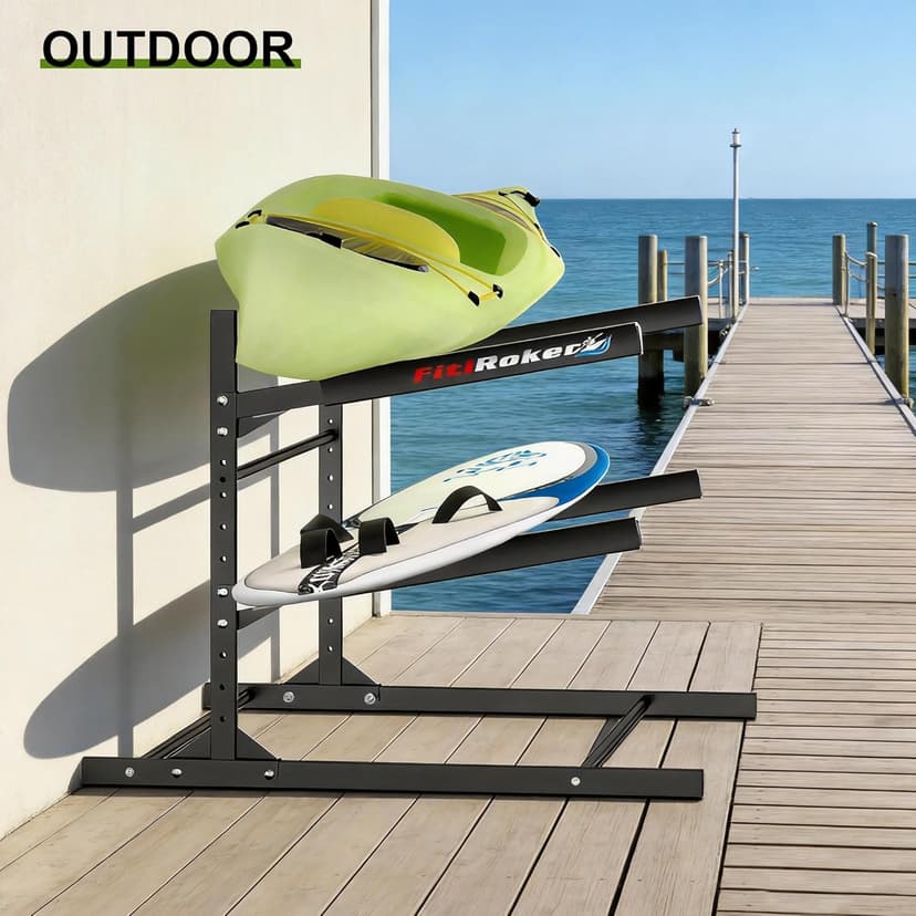 Kayak Storage Rack, Heavy Duty Freestanding Kayak Stand for 2/3 Kayaks, Adjustable Canoe and Paddleboard Holder for Indoor Outdoor Garage Storage, Assembly Required