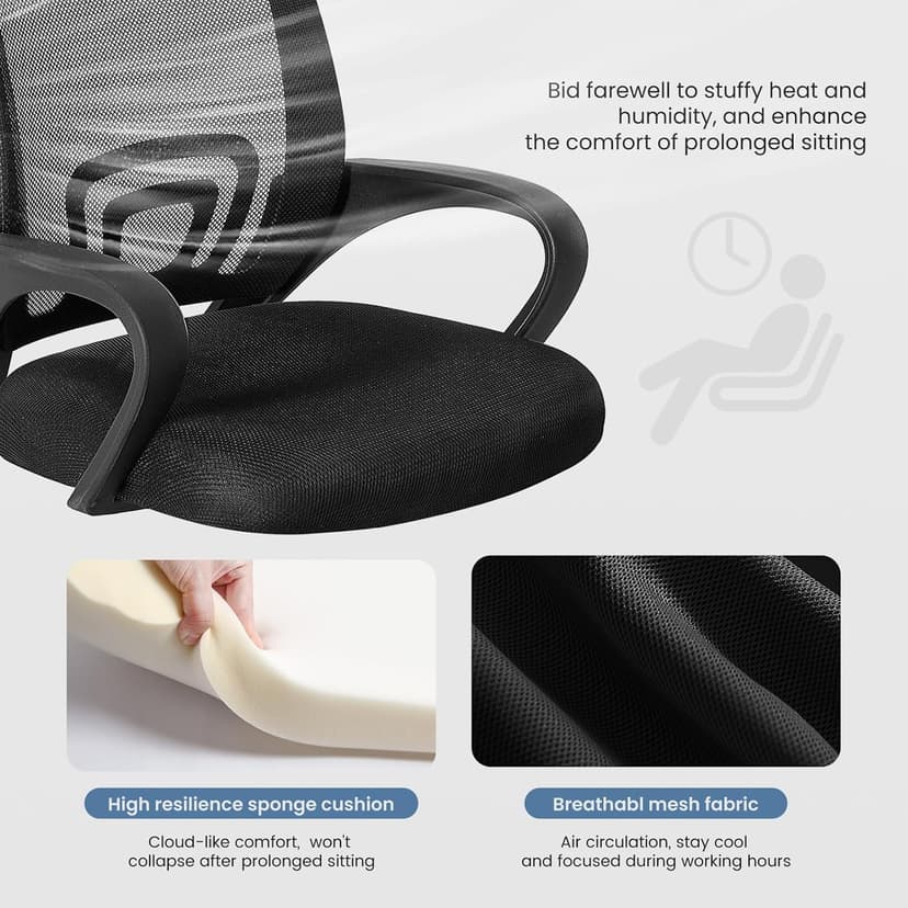 DUMOS Home Office Chair - Ergonomic Mid Back Mesh Desk Chair with Lumbar Support & Rocking Mode, Height Adjustable with Fixed Armrest, for Computer, Gaming, Meeting, 360° Swivel, Black