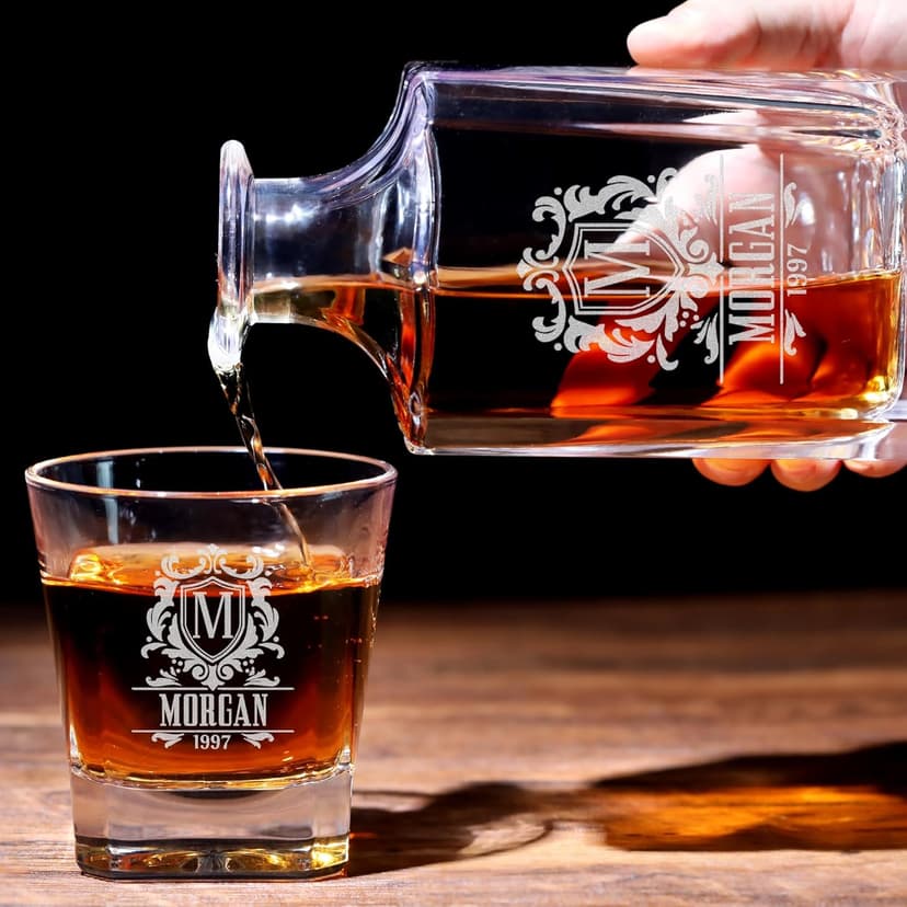 Personalized Whiskey Decanter, Custom Liquor Decanter 25oz, Engraved Whiskey Glass Set With Wood Gift Box Options, Whiskey Gifts for Men, Dad, Birthday, Retirement, Wedding (Square Decanter)