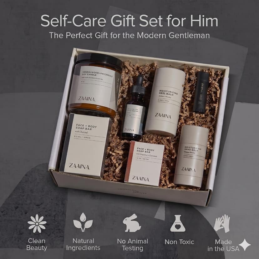 Natural self-care gift box with handcrafted grooming essentials to help him relax, recharge, and look his best. ZAAINA Men's Self Care Gift Box | Relaxation Grooming Gift Set B0CS2T3955