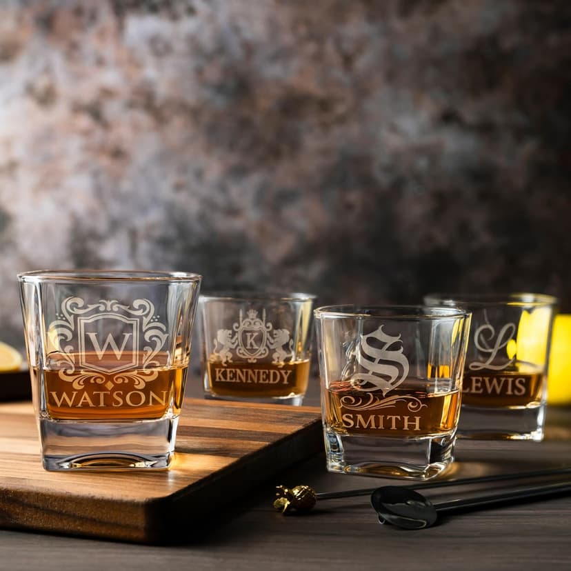 Amazing Items Set of 4 - Personalized Whiskey Glasses w/Name & Initial - 9 Designs - 9 oz, Limited Edition Monogrammed Rocks Glasses for Men, Dad Gifts