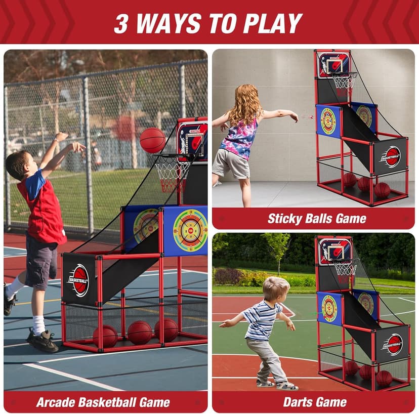 HYES Basketball Arcade Game Indoor Outdoor, Kids Basketball Hoop with 4 Balls & Pump, Single Shot Basketball Game at Home, Carnival Games Sport Toys for Boys Girls Teens