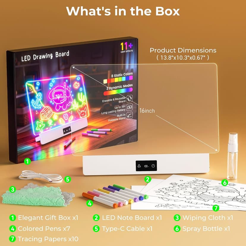 Bylitodt Neon Light Up Drawing Tablet with 10 Tracing Sheets, Arts and Crafts for Kids, Girls Birthday Gifts Idea(White) 16 Inch LED Drawing Board for Kids Rechargeable, LED Note Board with Colors B0GCN75SFT