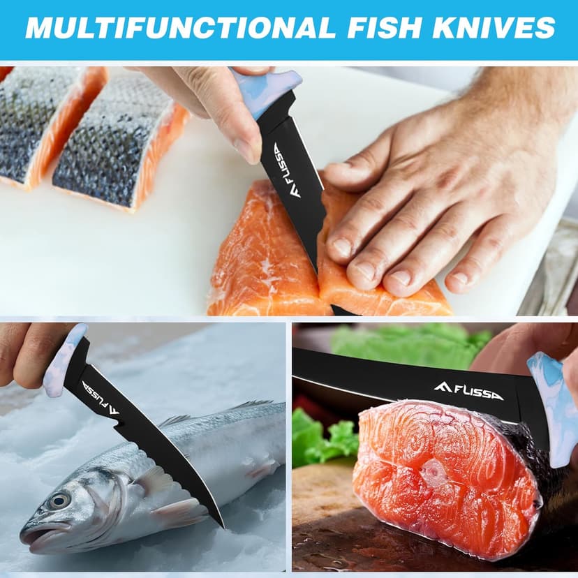 FLISSA Fillet Knife Set with 5"/6"/7"/9" Fillet Knives, Sharpener, Protective Sheath, Portable Roll Bag, Gifts for Fishermen, Saltwater & Freshwater Use