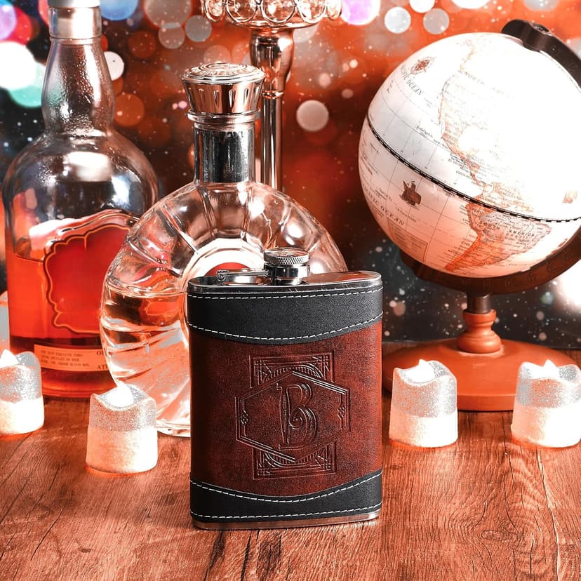Hip Flask with Funnel, Groomsmen Wedding Birthday Gift Occasions, Custom Whiskey Alcohol Bottle for Dad Grandpa Liquor Baderke Leather 8 oz Flask for Men Groomsmen Gift, Black, Brown, Letter B B0CTTMJWGT