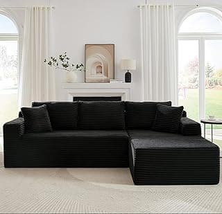 Vanress Cloud Couch Sectional, Corduroy Boneless Couch with L-Shape Chaise, Modern Modular Sectional Sofa Comfy Deep Seat for Living Room, Bedroom, No Assembly (Black, Right Facing Chaise)